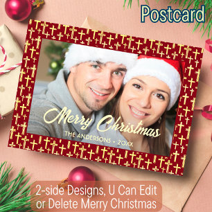 Christelijk kruisaangepast kerstrood met fotoscrip feestdagenkaart