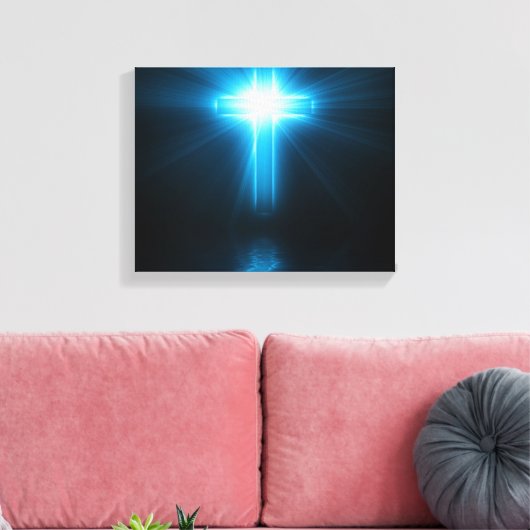 Christelijk kruisje in blauw licht canvas afdruk (Insitu (Woonkamer))