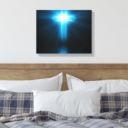 Christelijk kruisje in blauw licht canvas afdruk (Insitu (Slaapkamer))