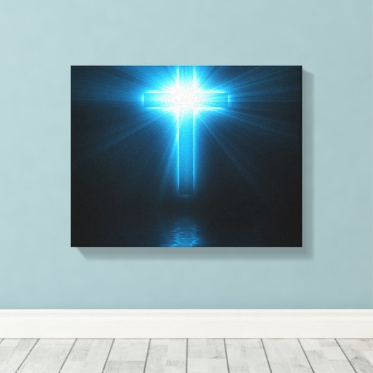 Christelijk kruisje in blauw licht canvas afdruk (Insitu (Houten vloer))