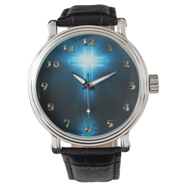 Christelijk kruisje in blauw licht horloge (Voorkant)
