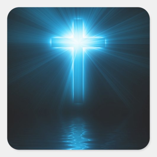 Christelijk kruisje in blauw licht vierkante sticker (Voorkant)