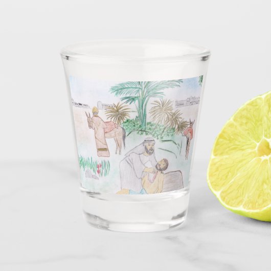 Christelijk kunstwerk de goede Samaritaan Shot Glas (Voorkant)
