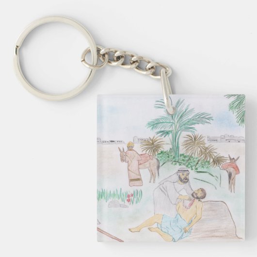 Christelijk kunstwerk de goede Samaritaan Sleutelhanger (Voorkant)