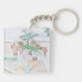 Christelijk kunstwerk de goede Samaritaan Sleutelhanger (Achterkant)