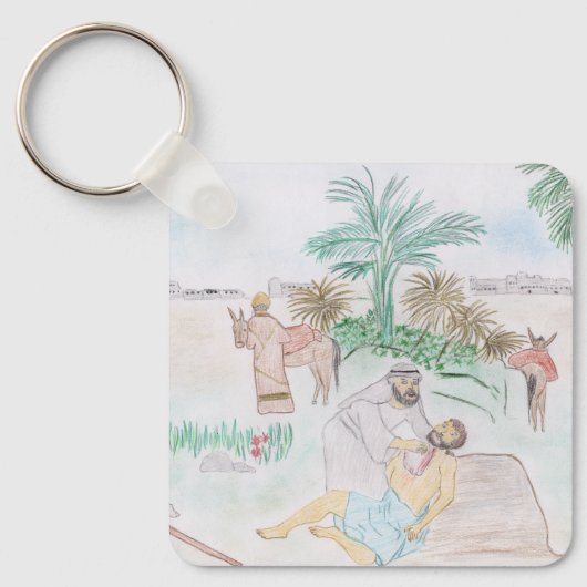 Christelijk kunstwerk de goede Samaritaan Sleutelhanger (Voorkant)