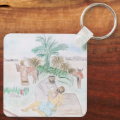 Christelijk kunstwerk de goede Samaritaan Sleutelhanger (Achterkant)