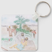 Christelijk kunstwerk de goede Samaritaan Sleutelhanger (Achterkant)