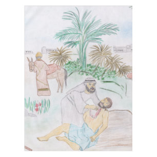 Christelijk kunstwerk de goede Samaritaan Tafelkleed