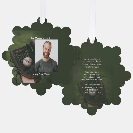 Christelijk memorabilia honkbalspeler ornament kaart (Voorkant / Achterkant)