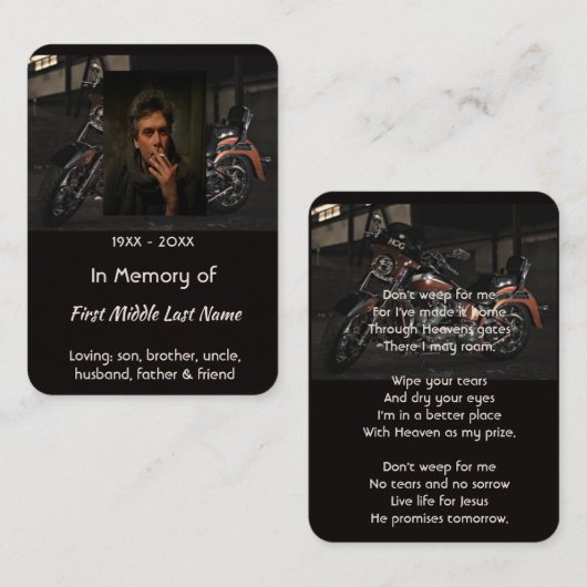 Christelijk memoriekado Motorrijder Visitekaartje (Voorkant / Achterkant)