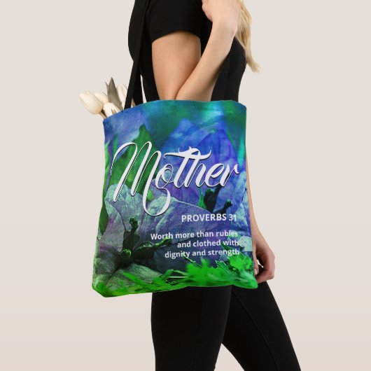 CHRISTELIJK MOEDERspreekwoord 31 Blauwe Floral Tote Bag (Dichtbij)