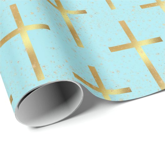 Christelijk Patroon Faux Gouden Folie Cross Blue Cadeaupapier (Rol Hoek)