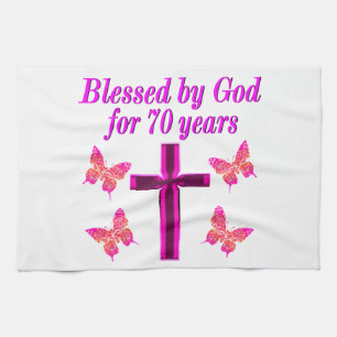 CHRISTELIJK ROZE 70E VERJAARDAG CROSS DESIGN THEEDOEK