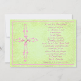 Christelijk Roze Kruis op Groene Huwelijksuitnodig Kaart