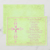 Christelijk Roze Kruis op Groene Huwelijksuitnodig Kaart (Voorkant / Achterkant)