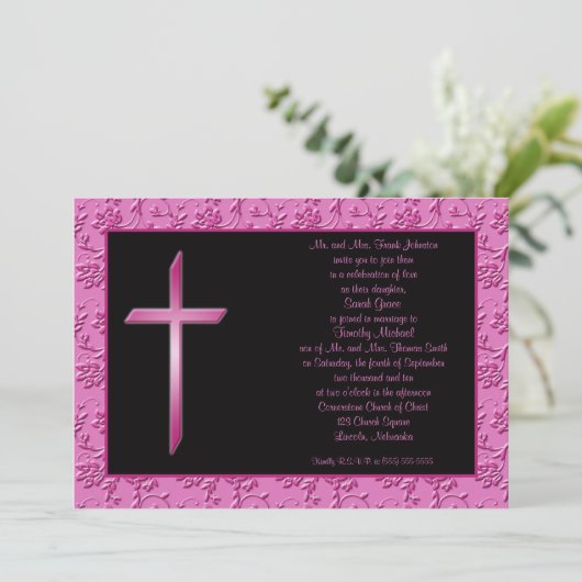 Christelijk Roze Kruis op uitnodiging voor een zwa (Staand voorkant)