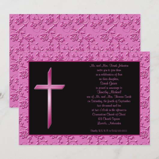 Christelijk Roze Kruis op uitnodiging voor een zwa (Voorkant / Achterkant)