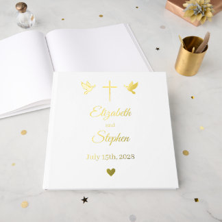 Christelijk trouwgastboek met gouden folie duiven gastenboek