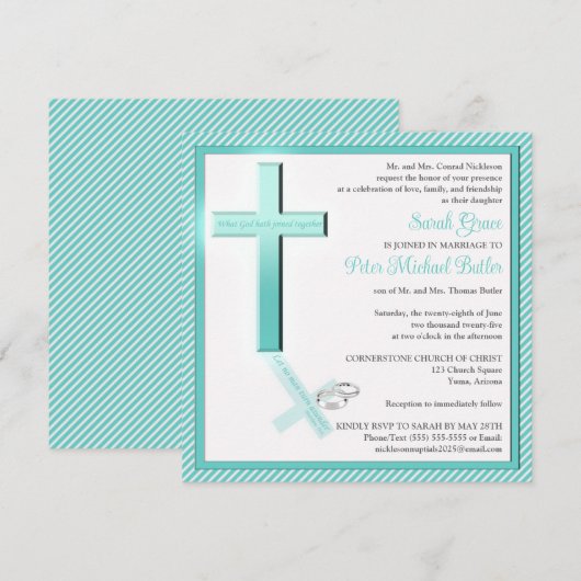 Christelijke Aqua Stripe Square huwelijksuitnodigi Kaart (Voorkant / Achterkant)