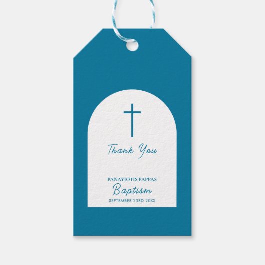 Christelijke Baptisme Christening Boy Blue Arch Cadeaulabel (Voorkant)
