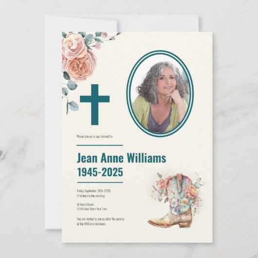 Christelijke begrafenis Cowgirl Boot & Rozen | 4 F Kaart (Voorkant)