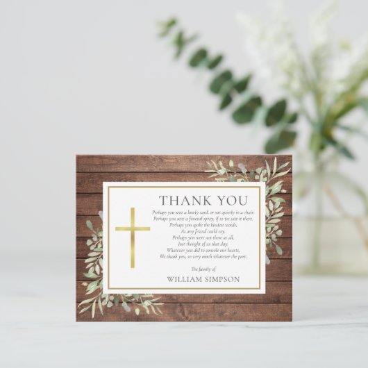 Christelijke begrafenis rustieke hout groen gedich bedankkaart (Staand voorkant)
