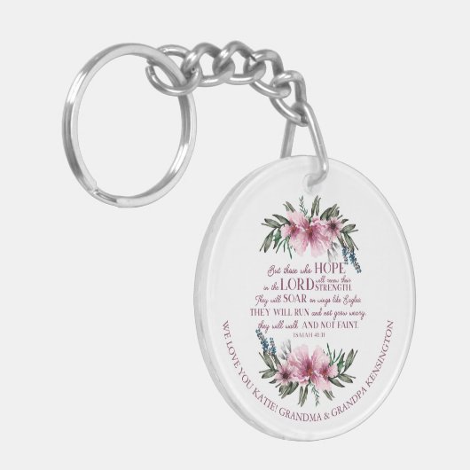 Christelijke Bijbel Verse Pink Floral Foto Bericht Sleutelhanger (Voorkant Links)