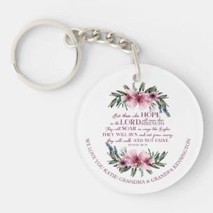Christelijke Bijbel Verse Pink Floral Foto Bericht Sleutelhanger