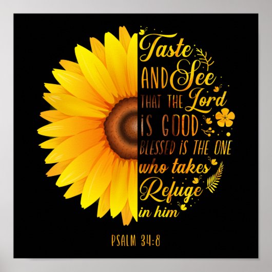 Christelijke Bijbel Verse Psalm 34:8 Zonnebloem Poster (Voorkant)