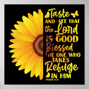 Christelijke Bijbel Verse Psalm 34:8 Zonnebloem Poster