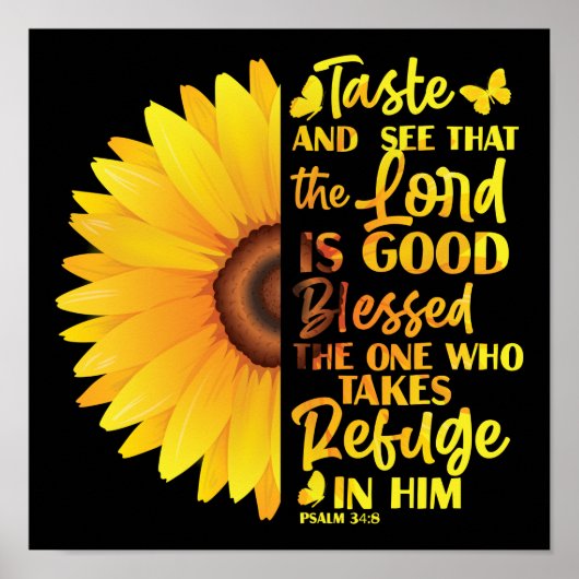 Christelijke Bijbel Verse Psalm 34:8 Zonnebloem Poster (Voorkant)