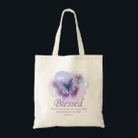 Christelijke bijbel, verse vlinder, voor vrouwen:  tote bag<br><div class="desc">Het gebruiken van Christelijke Bijbelse verse scriptuur van Jeremiah 17:7, "Gezegend is die in de LORD vertrouwt, en de waarvan hoop de LORD is". Verspreid wat evangelige vreugde en motivatie met dit paars-blauwe vlinderthema voor vrouwen in hun geloof. Vermoedig anderen om hun vertrouwen in de machtige, liefdevolle en trouwe GOD...</div>