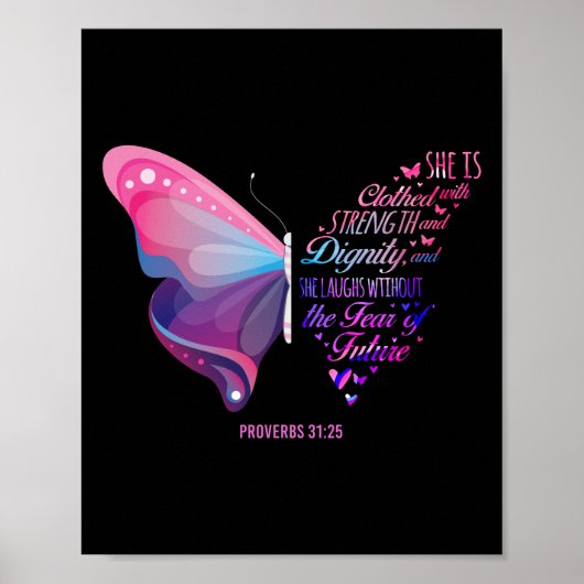 Christelijke Bijbelverse Proverbs 31:25 Butterfly Poster (Voorkant)