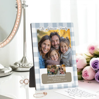 Christelijke blauwe Buffalo geruite familiefoto-co Fotoplaat
