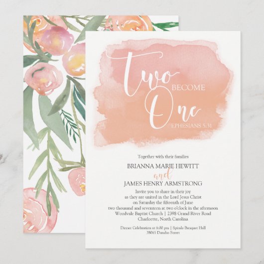 Christelijke bruiloft Waterverf Bloemen en Koraal Kaart (Voorkant / Achterkant)
