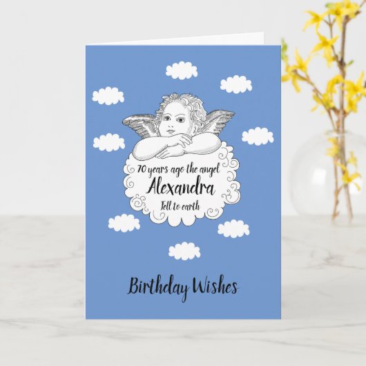 Christelijke Cloud Angel 70ste verjaardag Kaart (Gele Bloem)