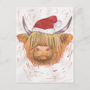 christelijke coo Highland Cow with Christmas Hat Feestdagenkaart