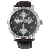 Christelijke Cross Fleury Silver op Black Horloge (Voorkant)