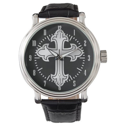 Christelijke Cross Fleury Silver op Black Horloge (Voorkant)