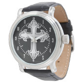 Christelijke Cross Fleury Silver op Black Horloge (Gekanteld)