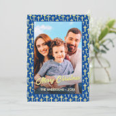 Christelijke Cross-Kerstlegant Script Navy Blue Feestdagenkaart (Staand voorkant)