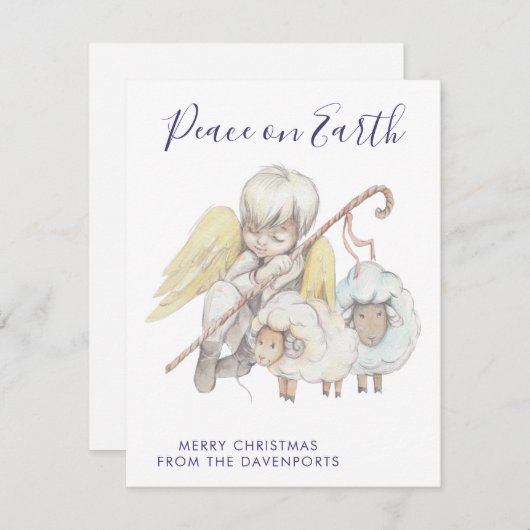 Christelijke engel herder met schapen vrede op aar feestdagenkaart (Voorkant / Achterkant)