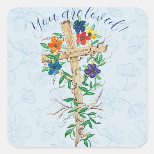 Christelijke Floral Cross Vierkante Sticker (Voorkant)