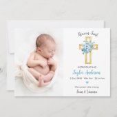 Christelijke Geboortekaart Fotokaart Blauw Kruis Aankondiging (Voorkant)