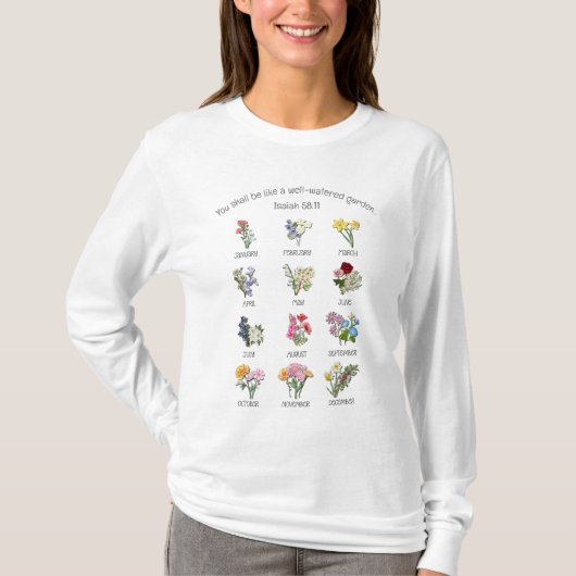 Christelijke GEBOORTEMAAND BLOEMEN Jan tot Dec T-shirt (Voorkant)