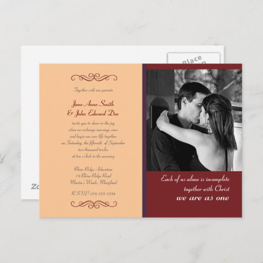 Christelijke Geel & Rood Aangepaste Huwelijksuitno Uitnodiging Briefkaart (Voorkant / Achterkant)