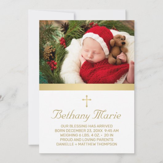 Christelijke Gold Script Holiday Baby Birth Foto Aankondiging (Voorkant)
