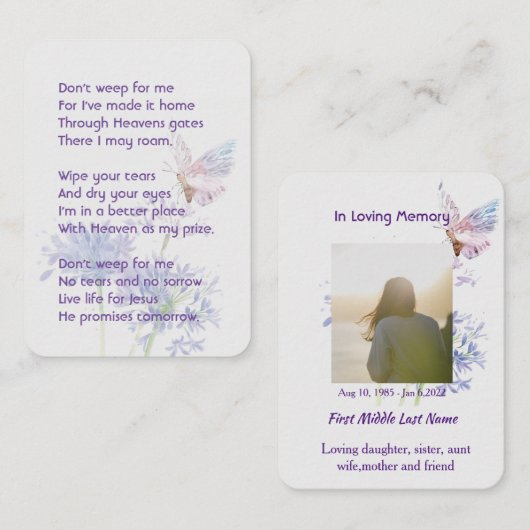 Christelijke herdenking Keepsake Butterfly Visitekaartje (Voorkant / Achterkant)