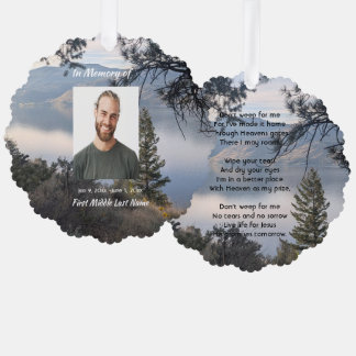 Christelijke herdenkingsfoto meer berg bomen ornament kaart